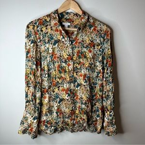 J.JILL Swing Blouse Medium Button Up Long Sleeve Collared Beige Blue Red